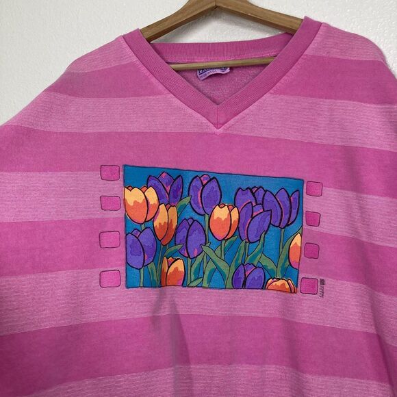 Vintage Fresh Produce Sweater Womens Medium Striped Tulip Floral Pullover USA - Picture 8 of 13